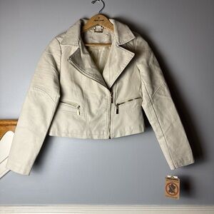 Jou Jou Cream Cropped Moto Leather Jacket